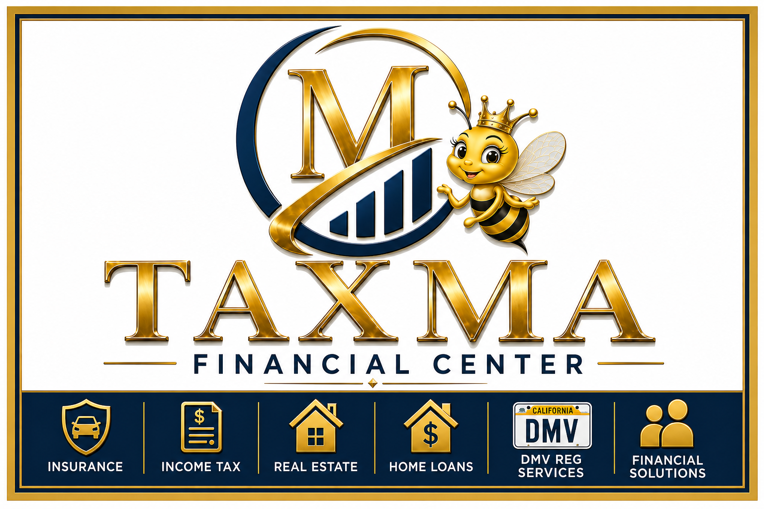 TAXMA Financial Center gold and navy logo with crowned bee and six service categories